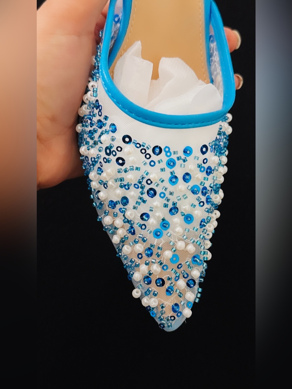 Source Unknown White Mesh Pointed Toe Flats with Blue Sequin and Pearl Accents